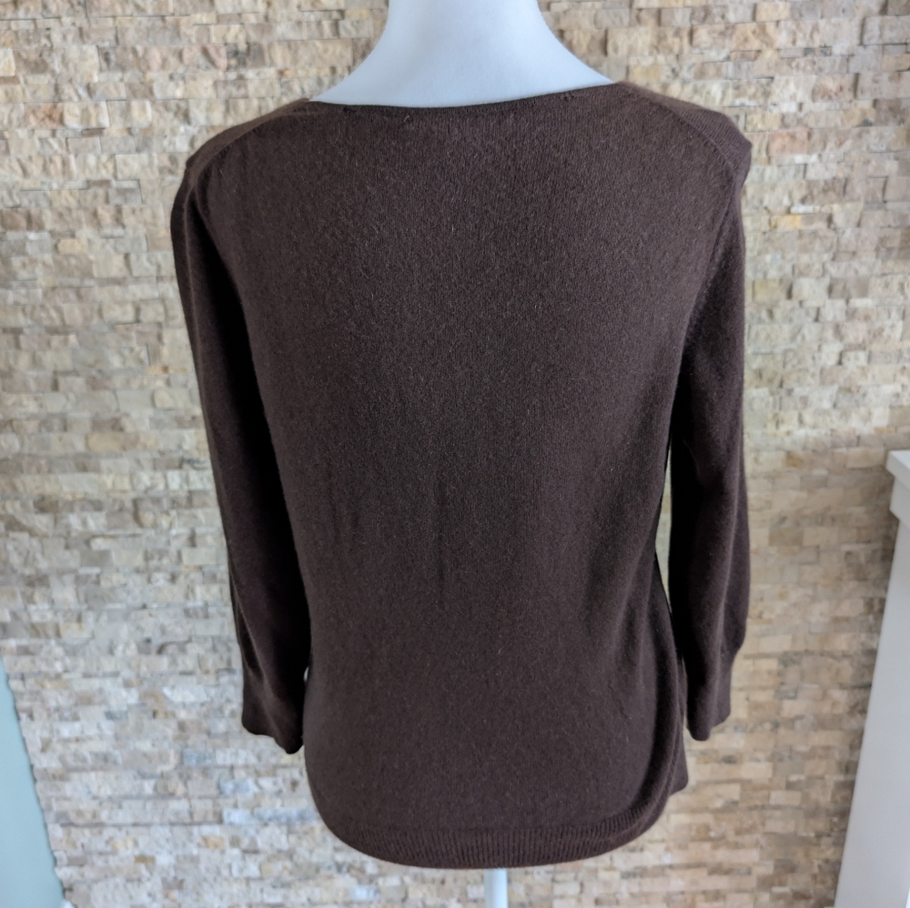 100% Cashmere Brown V-Neck Sweater Bow Accent Sz L Academia Vintage Inspired - Picture 3 of 11